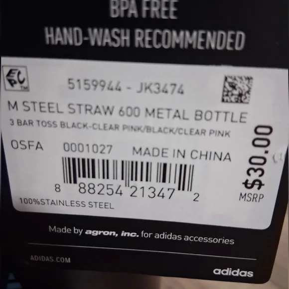 adidas Black Water Bottle with Pink and Blue Accents (New) - Picture 5 of 5